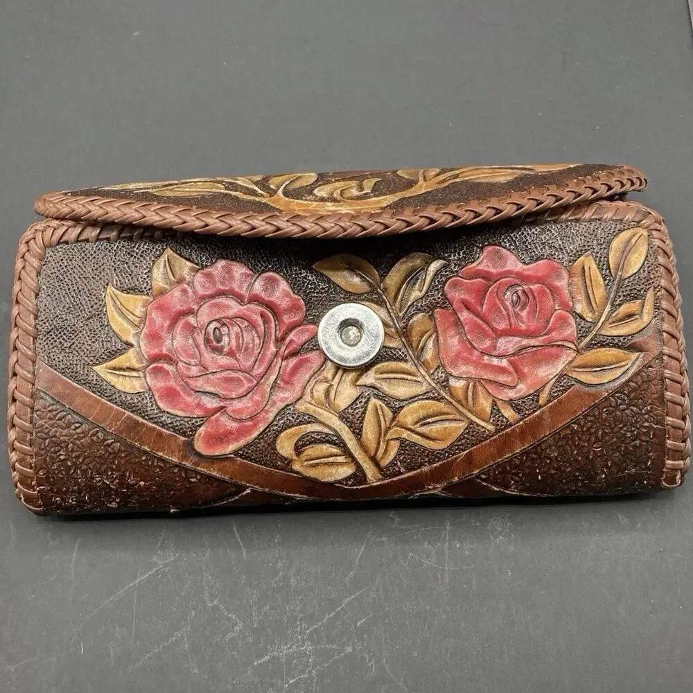 Vintage Hand Made Carved Leather Red Brown Tree Flower Floral Wallet Card Holder